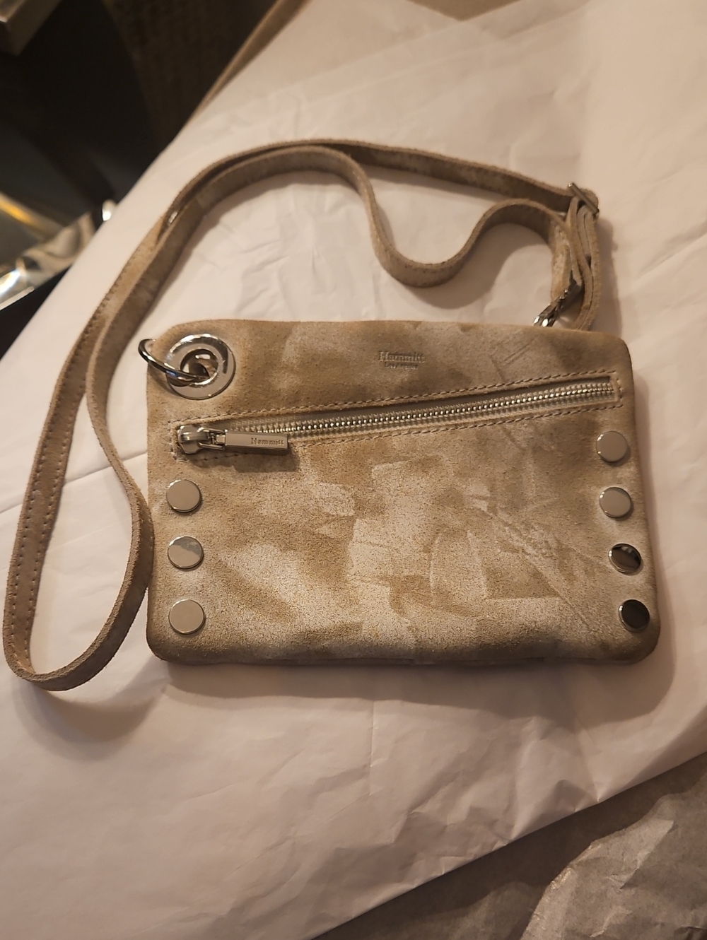 Hammitt Nash Suede Crossbody Bag in Grey with Silver Accents